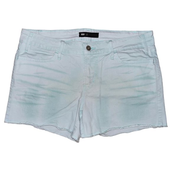 Levis Distressed Frayed Raw Hem Aqua Blue Denim Jean Shorts Womens 12 - Picture 1 of 7